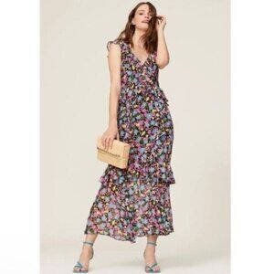 Amur Evita 100% Silk Floral Midi Dress Size 10 Pink Blue Sleeveless Ruffle